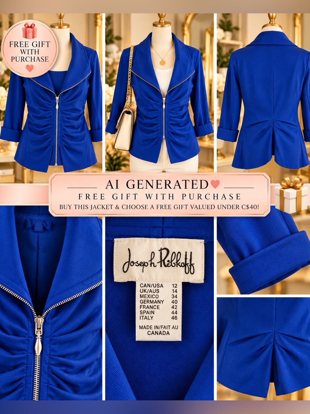 Joseph Ribkoff Cobalt Blue Ruched Zip Jacket | Made in Canada | Size 12